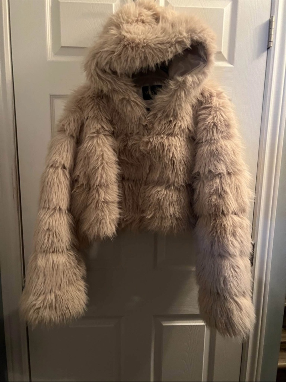 Faux Fur Hooded Jacket in Beige and white